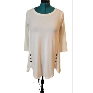 Zenana Premium Long Tee Tunic White Stretch With Button Detail‎ Medium